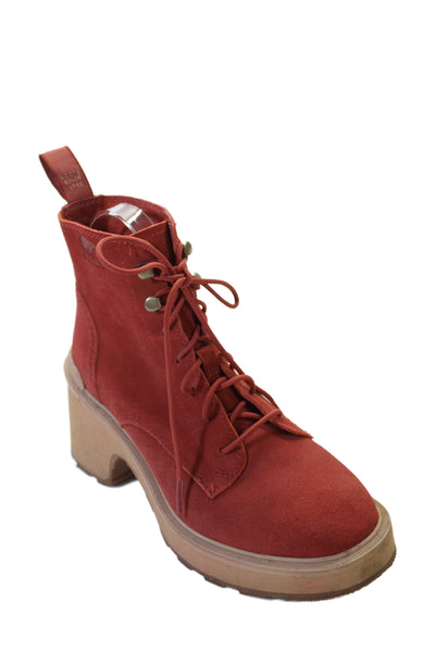Sorel Women's Round Toe Suede Block Heel Combat Boots Red Size 7