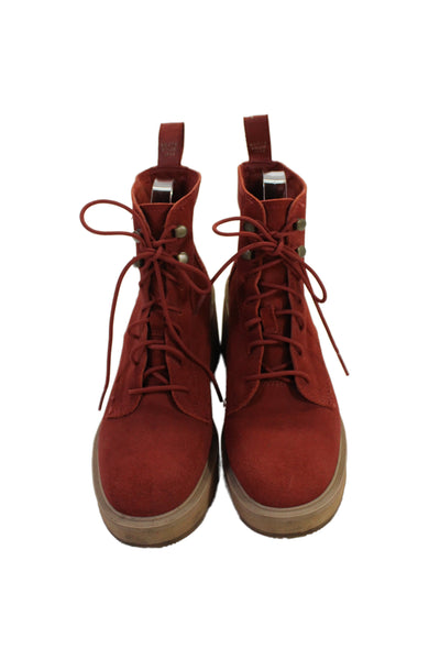 Sorel Women's Round Toe Suede Block Heel Combat Boots Red Size 7