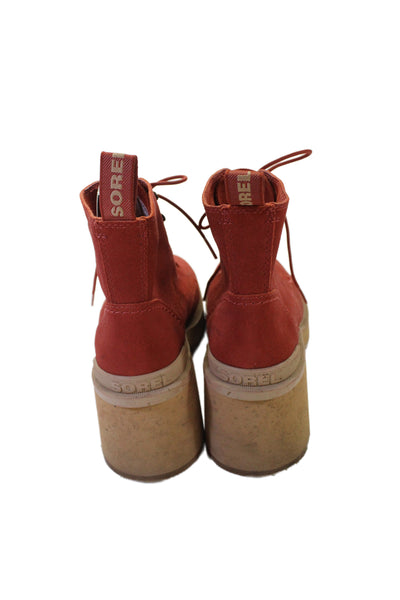 Sorel Women's Round Toe Suede Block Heel Combat Boots Red Size 7