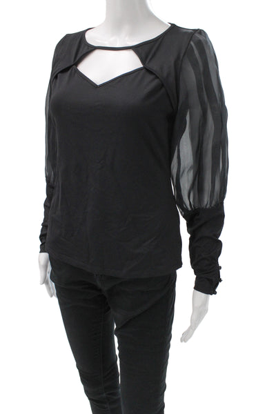 Anne Fontaine Womens Basic Black Nylon Round Neck Long Sleeve Blouse Size 40