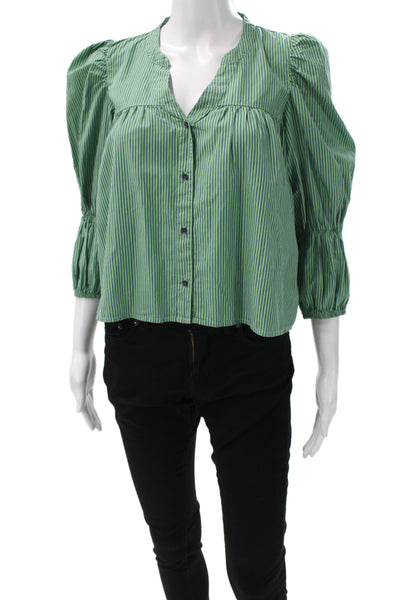 Nation LTD Womens Striped V Neck 3/4 Sleeve Button Cotton Blouse Size S