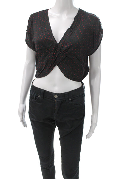 Zara Womens Cropped Black Polka Dot V-Neck Cap Sleeve Blouse Size L