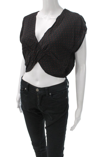 Zara Womens Cropped Black Polka Dot V-Neck Cap Sleeve Blouse Size L