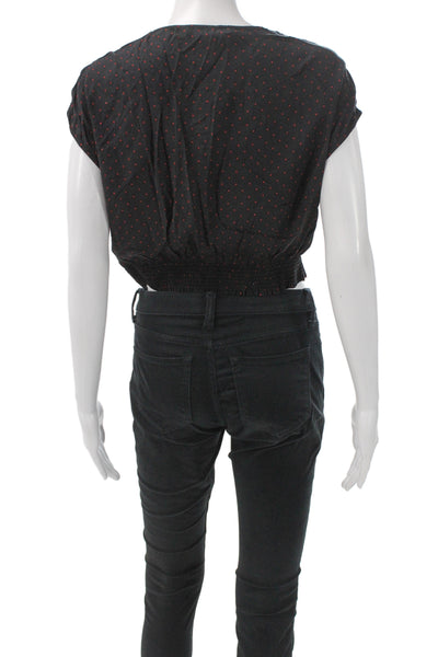 Zara Womens Cropped Black Polka Dot V-Neck Cap Sleeve Blouse Size L