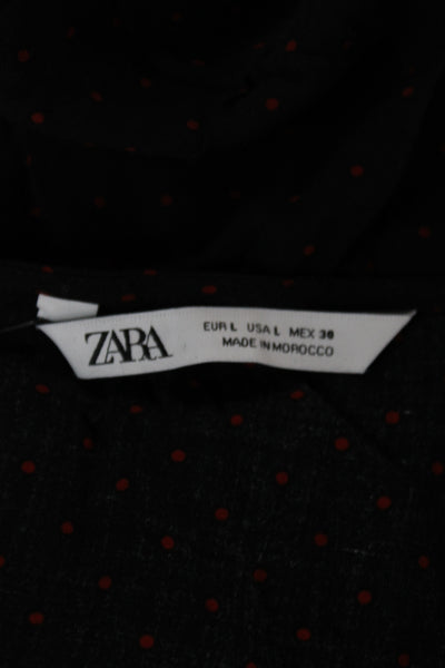 Zara Womens Cropped Black Polka Dot V-Neck Cap Sleeve Blouse Size L