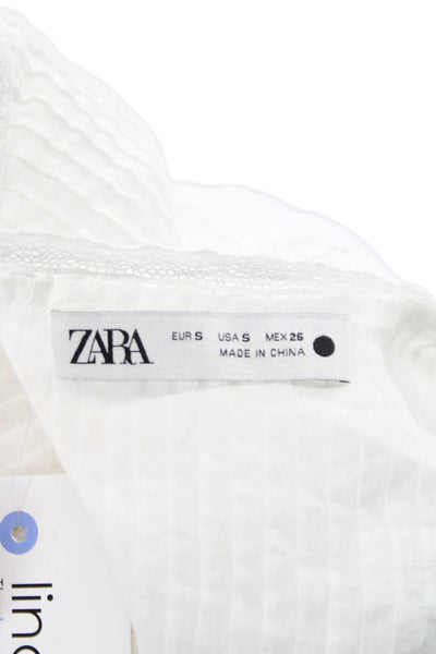 Zara Women Tunic White Cotton Long Sleeve Round Neck Bohemian Size S