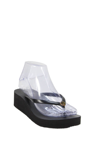 Tory Burch Women's Gold Logo T-Strap Wedge Sandals Black Size 6