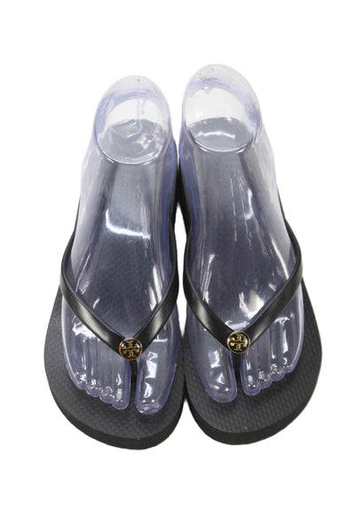 Tory Burch Women's Gold Logo T-Strap Wedge Sandals Black Size 6