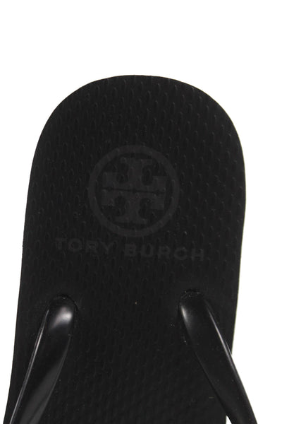 Tory Burch Women's Gold Logo T-Strap Wedge Sandals Black Size 6
