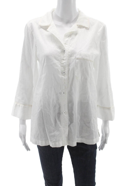 Natori Womens Basic Button-Up Shirt White Cotton Collared 3/4 Sleeve Size M
