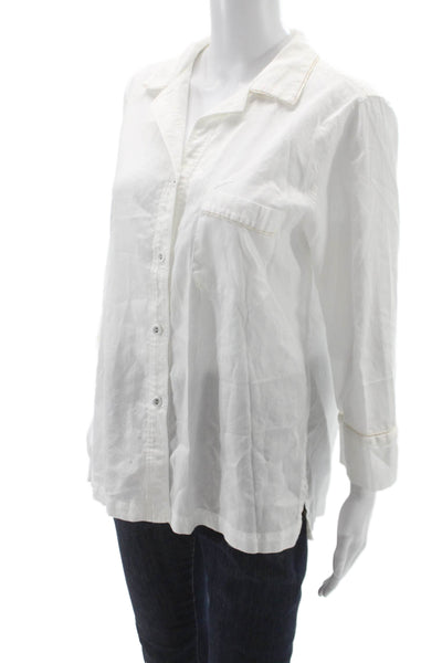 Natori Womens Basic Button-Up Shirt White Cotton Collared 3/4 Sleeve Size M