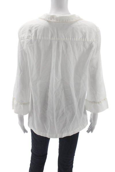 Natori Womens Basic Button-Up Shirt White Cotton Collared 3/4 Sleeve Size M