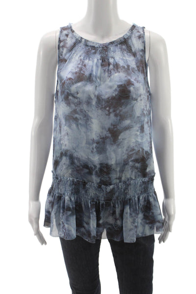 Theory Women Silk Tie Dye Tunic Blouse Sleeveless Round Neck Blue Size M