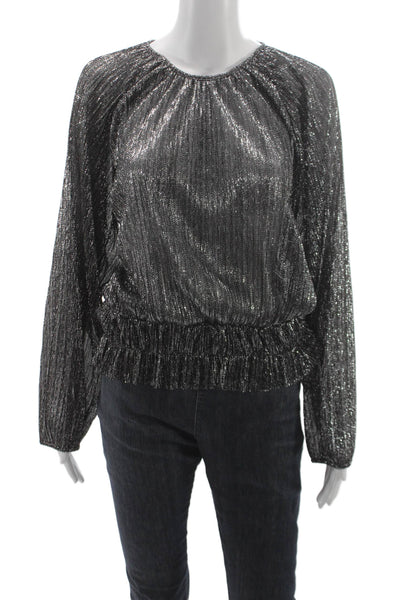 Zara Women Black Metallic Striped Round Neck Long Sleeve Blouse Size L