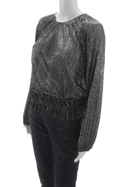 Zara Women Black Metallic Striped Round Neck Long Sleeve Blouse Size L
