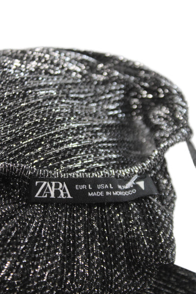 Zara Women Black Metallic Striped Round Neck Long Sleeve Blouse Size L