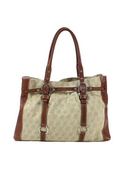 Blumarine Womens Double Handle Leather Trim Monogram Canvas Handbag Brown Beige