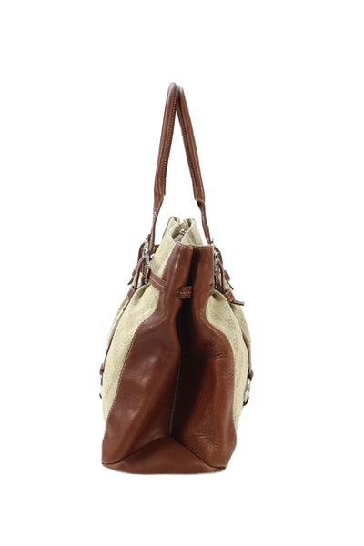 Blumarine Womens Double Handle Leather Trim Monogram Canvas Handbag Brown Beige