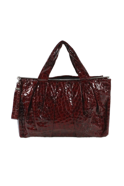 Renato Angi Womens Double Handle Framed Croc Embossed Handbag Red