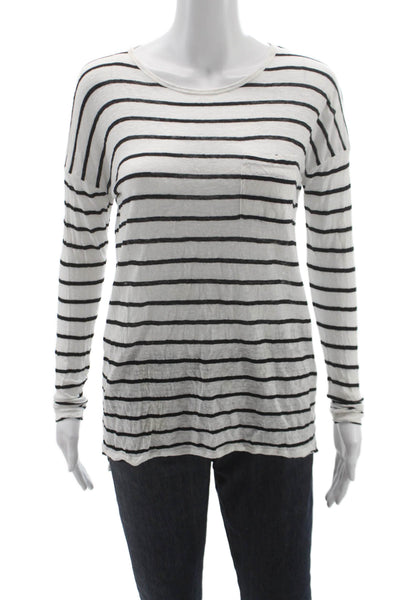 Vince Women Tunic T Shirt White Striped Linen Long Sleeve Crewneck Size XS