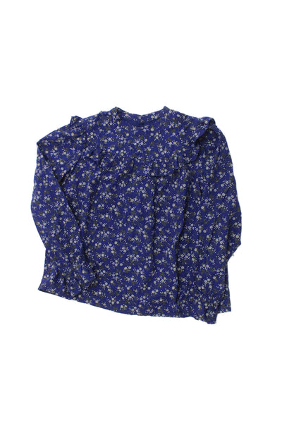 Bonpoint Childrens Girls Floral Print Ruffled Blouse Blue Grey Cotton Size 10