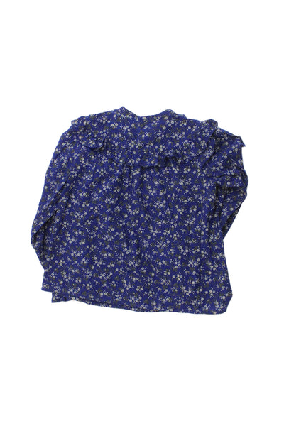 Bonpoint Childrens Girls Floral Print Ruffled Blouse Blue Grey Cotton Size 10