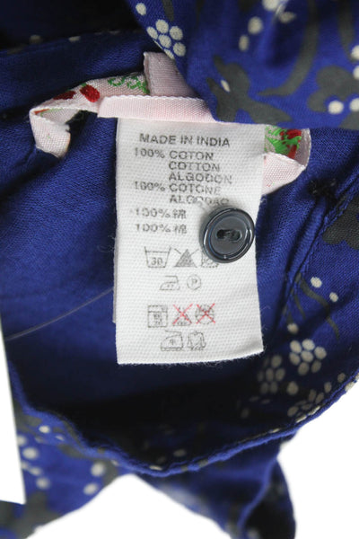 Bonpoint Childrens Girls Floral Print Ruffled Blouse Blue Grey Cotton Size 10