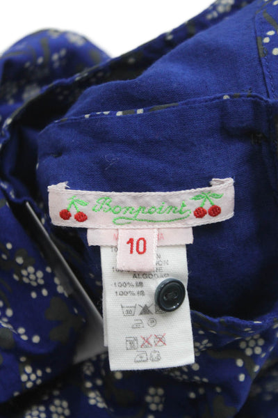 Bonpoint Childrens Girls Floral Print Ruffled Blouse Blue Grey Cotton Size 10