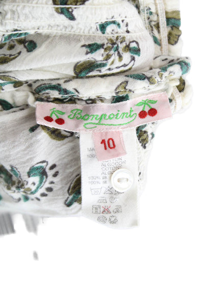 Bonpoint Childrens Girls Floral Print Blouse White Green Cotton Size 10