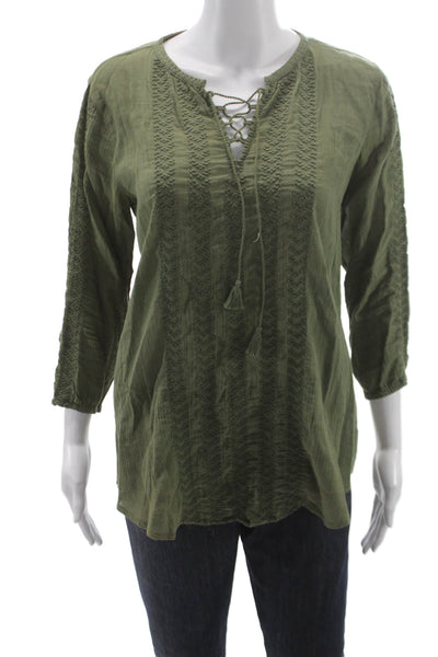 LRL Lauren Jeans Women Bohemian Green V-Neck Tunic 3/4 Sleeve Cotton Size XS