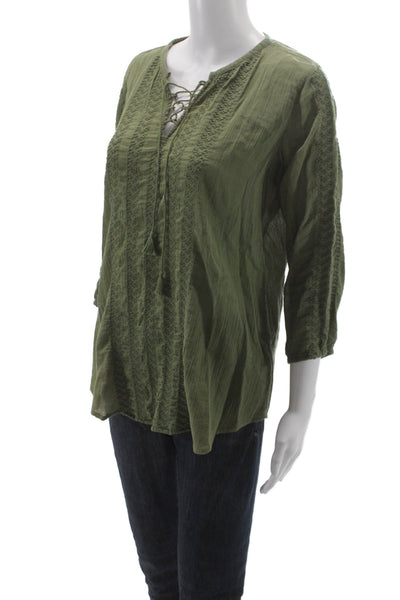 LRL Lauren Jeans Women Bohemian Green V-Neck Tunic 3/4 Sleeve Cotton Size XS