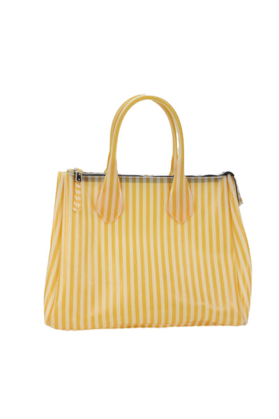 Gianni Chiarini Womens Striped Zipper Tote Shoulder Handbag Yellow White