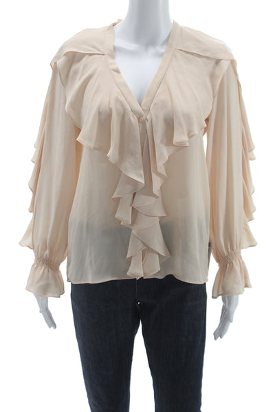 Zara Women Ruffle V-Neck Blouse Beige Long Sleeve Button Polyester Size XS