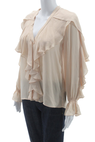 Zara Women Ruffle V-Neck Blouse Beige Long Sleeve Button Polyester Size XS