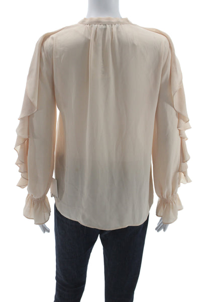 Zara Women Ruffle V-Neck Blouse Beige Long Sleeve Button Polyester Size XS
