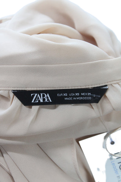Zara Women Ruffle V-Neck Blouse Beige Long Sleeve Button Polyester Size XS