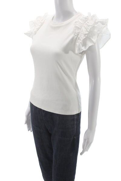 Anthropologie Womens Ruffle T-Shirt White Crewneck Size XS