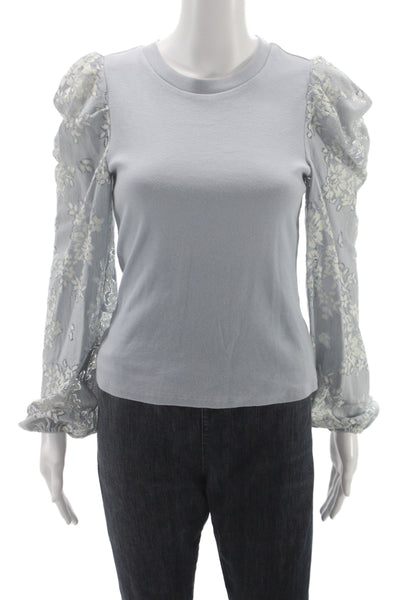 Dolan Women Floral Rayon Jersey Blouse Blue Crew Neck Long Sleeve Size XS