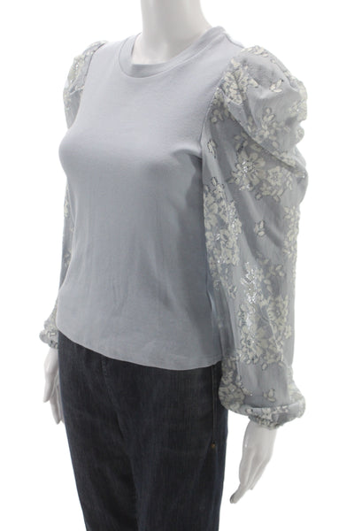 Dolan Women Floral Rayon Jersey Blouse Blue Crew Neck Long Sleeve Size XS