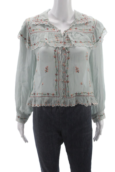 Zara Woman Women Basic Floral Collared Long Sleeve Button Blouse Green Size S