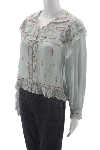Zara Woman Women Basic Floral Collared Long Sleeve Button Blouse Green Size S