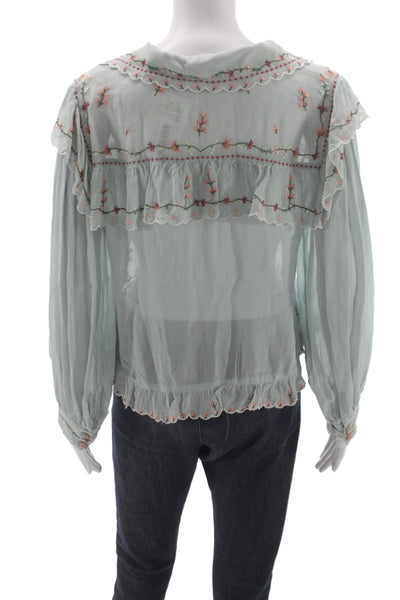 Zara Woman Women Basic Floral Collared Long Sleeve Button Blouse Green Size S