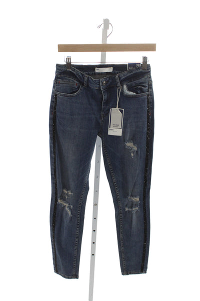 Zara Women Skinny Jeans Blue Mid Rise 25in Cotton Distressed Size 38