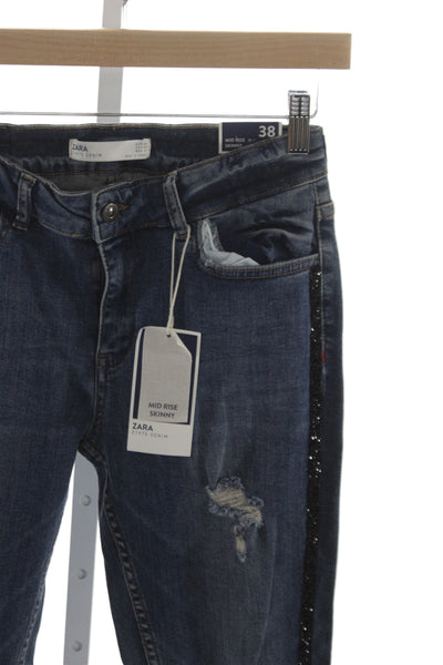 Zara Women Skinny Jeans Blue Mid Rise 25in Cotton Distressed Size 38