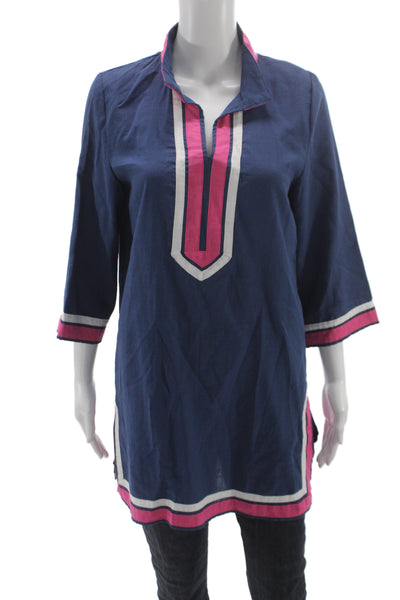 Les Canebiers Women Collared Blue Tunic 3/4 Sleeve Pullover Size L