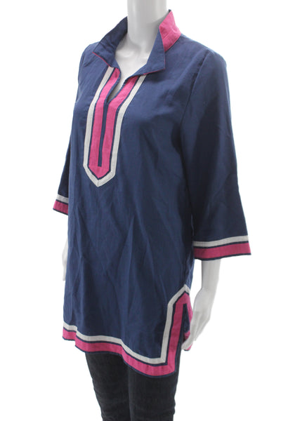 Les Canebiers Women Collared Blue Tunic 3/4 Sleeve Pullover Size L