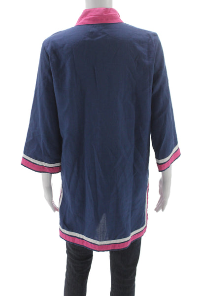 Les Canebiers Women Collared Blue Tunic 3/4 Sleeve Pullover Size L