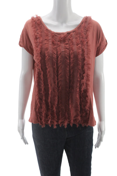 Zara Womens Basic Orange Short Sleeve T-Shirt Round Neck Fringe Size S