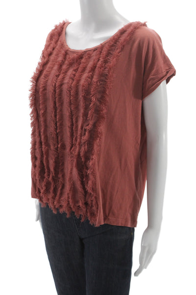 Zara Womens Basic Orange Short Sleeve T-Shirt Round Neck Fringe Size S