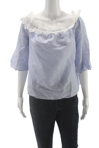 Zara Womens Off Shoulder Striped Basic Blouse Blue 3/4 Sleeve Boho Size L